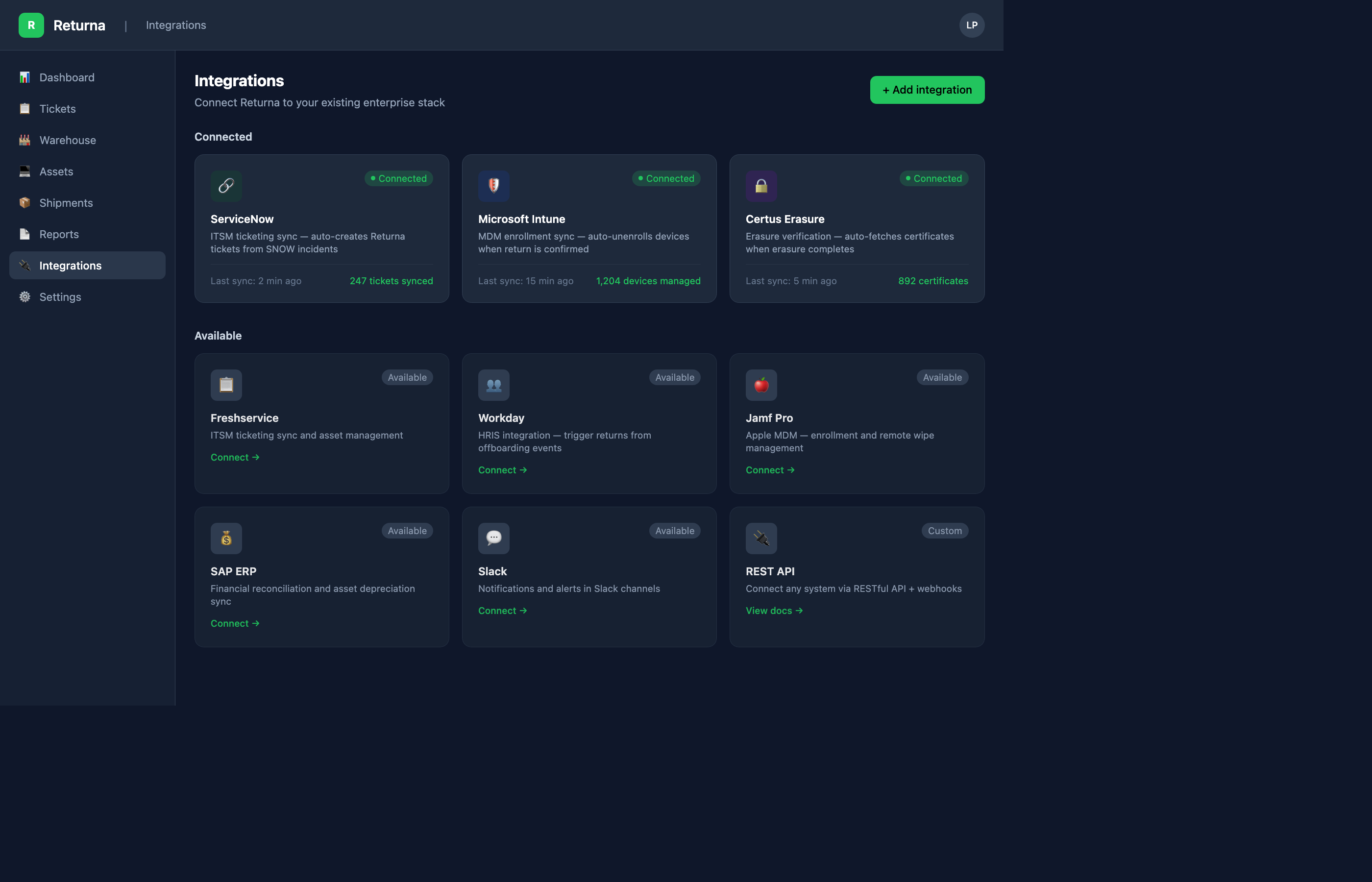 Integration marketplace showing connected services and available connectors