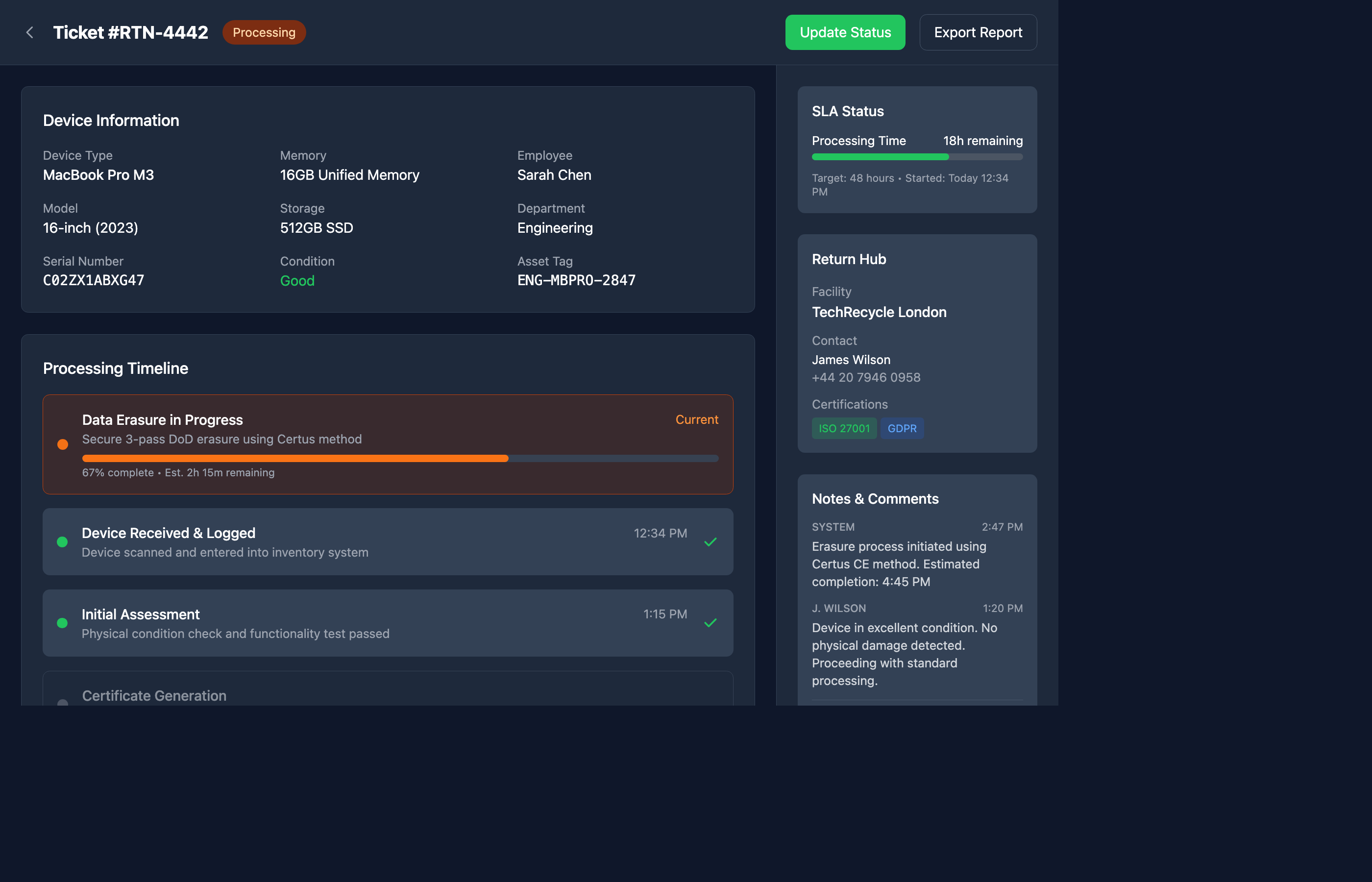 Ticket detail view showing device timeline, SLA tracking, and processing pipeline